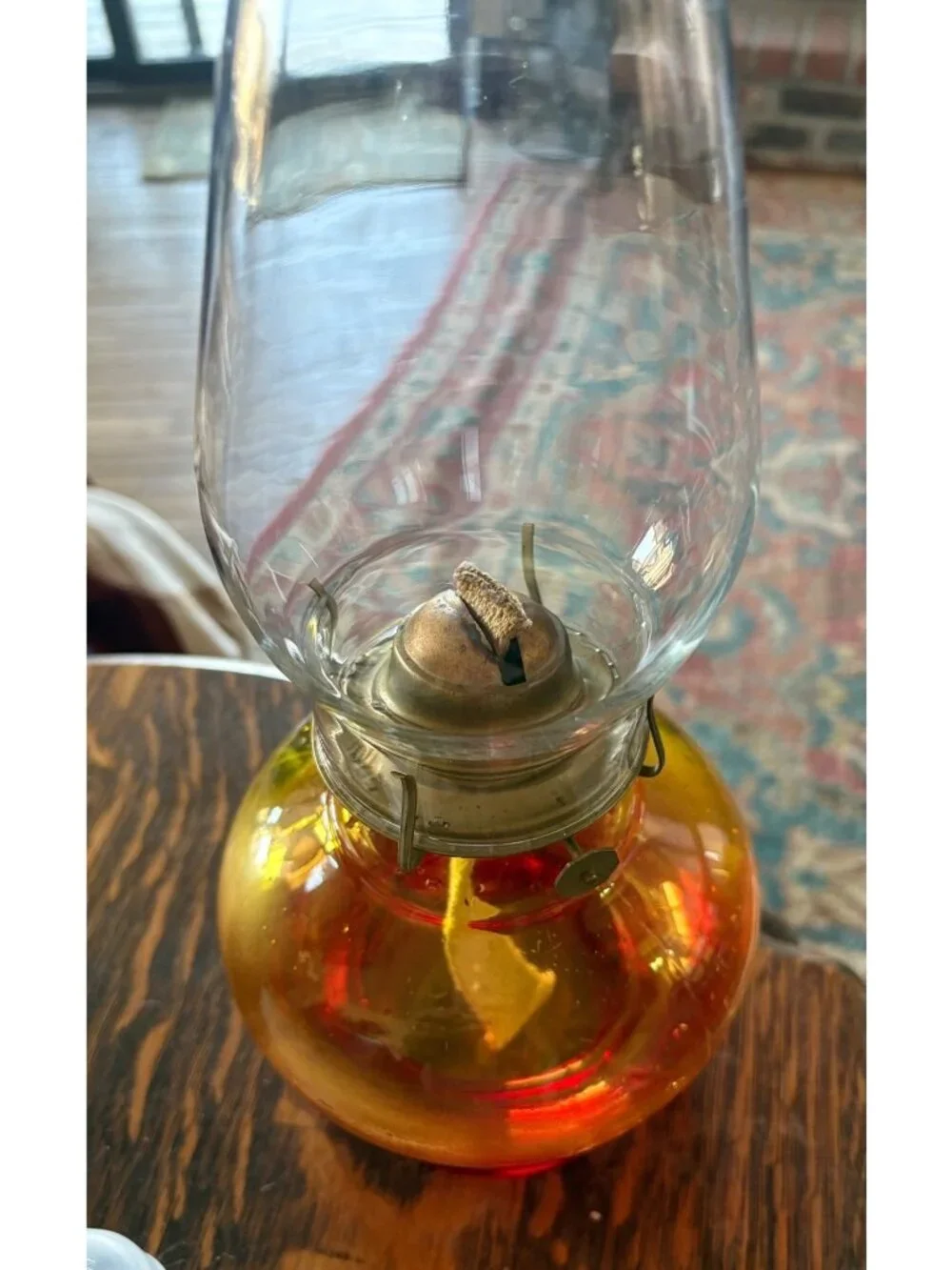 Eagle Risdon Amberina Glass Vintage Oil Lamp w/ Clear Chimney Yellow Red Ombre
